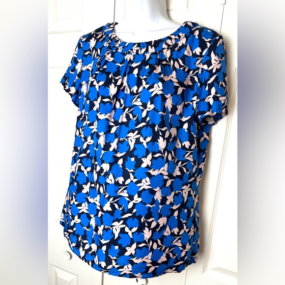 BODEN Carey Top Bold Blue Blouse Floral Clematis Shirt Black Pleated Neckline - Picture 4 of 16